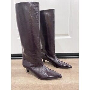 ZARA New Woman Wide Leg Kitten Heel Boots Patent Effect Burgundy Red US 8 EU 39